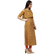 Yellow printed sleeveless cotton A-Line kurta
