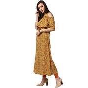 Yellow printed sleeveless cotton A-Line kurta