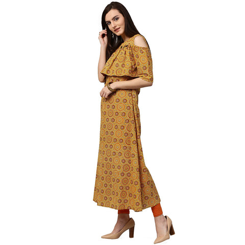 Yellow printed sleeveless cotton A-Line kurta