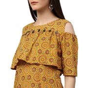 Yellow printed sleeveless cotton A-Line kurta
