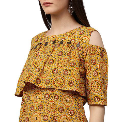 Yellow printed sleeveless cotton A-Line kurta