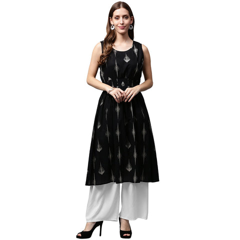 Black printed sleeveless cotton A-line kurta