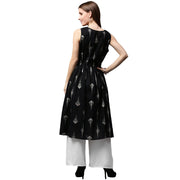 Black printed sleeveless cotton A-line kurta