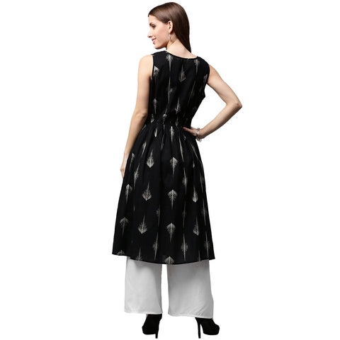 Black printed sleeveless cotton A-line kurta