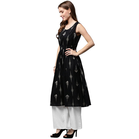 Black printed sleeveless cotton A-line kurta