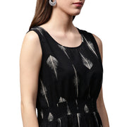 Black printed sleeveless cotton A-line kurta