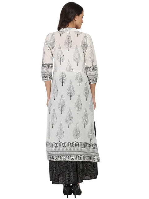 Off white printed 3/4th sleeve cotton kurta with black printed skirt