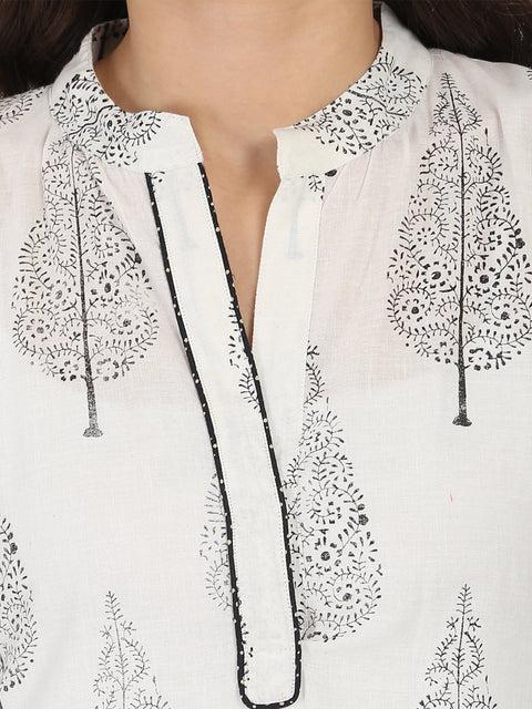 Off white printed 3/4th sleeve cotton kurta with black printed skirt