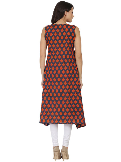 Blue printed sleeveless cotton Angrakha style kurta