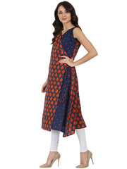 Blue printed sleeveless cotton Angrakha style kurta