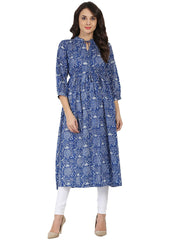 Blue printed 3/4th sleeve cotton anarkali kurta