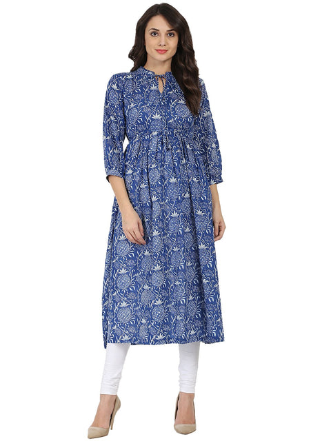 Blue printed 3/4th sleeve cotton anarkali kurta