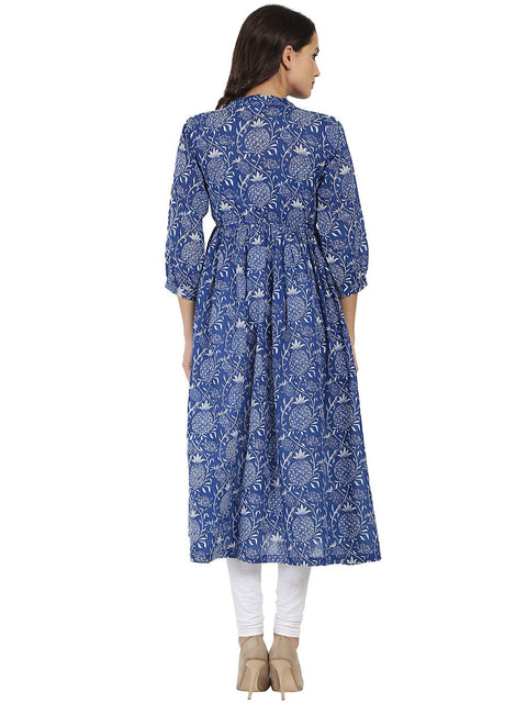 Blue printed 3/4th sleeve cotton anarkali kurta