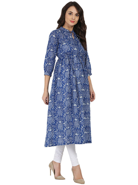 Blue printed 3/4th sleeve cotton anarkali kurta