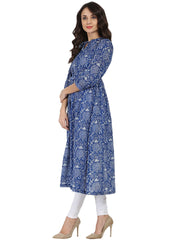 Blue printed 3/4th sleeve cotton anarkali kurta