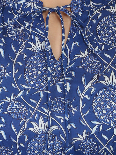 Blue printed 3/4th sleeve cotton anarkali kurta