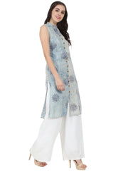 Blue printed sleeveless cotton A-line kurta