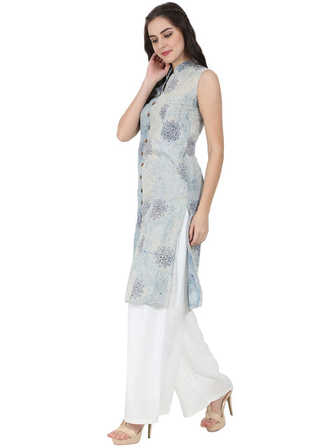 Blue printed sleeveless cotton A-line kurta