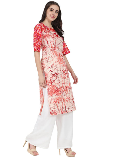 Peach printed 3/4th sleeve cotton kurta