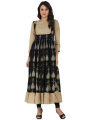Blue & Beige printed 3/4th sleeve cotton tiered Anarkali kurta