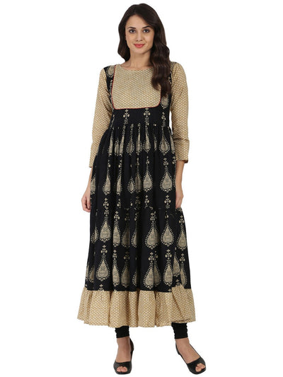 Blue & Beige printed 3/4th sleeve cotton tiered Anarkali kurta