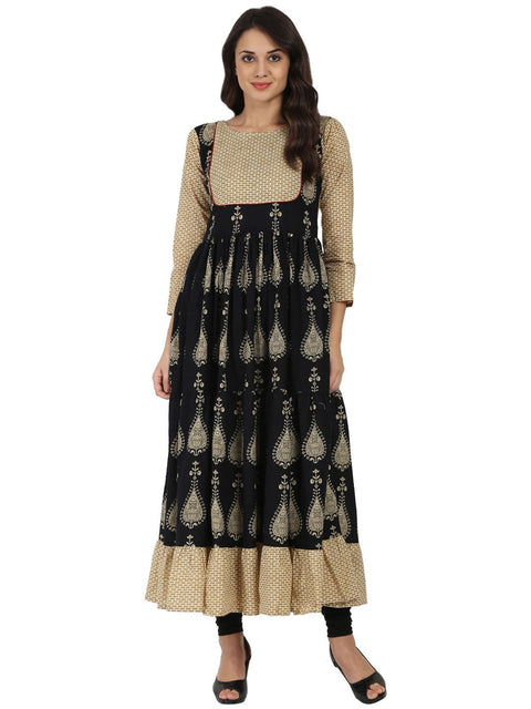 Blue & Beige printed 3/4th sleeve cotton tiered Anarkali kurta
