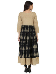 Blue & Beige printed 3/4th sleeve cotton tiered Anarkali kurta