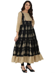 Blue & Beige printed 3/4th sleeve cotton tiered Anarkali kurta