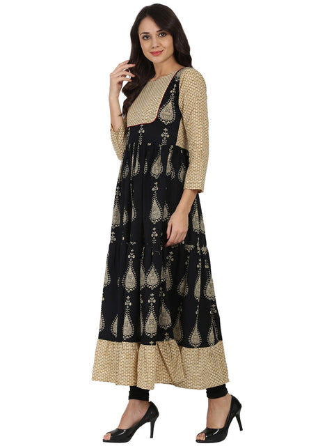 Blue & Beige printed 3/4th sleeve cotton tiered Anarkali kurta