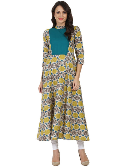 Yellow & grey printed 3/4th sleeve cotton anarkali kurta