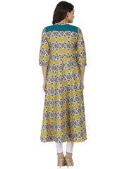 Yellow & grey printed 3/4th sleeve cotton anarkali kurta