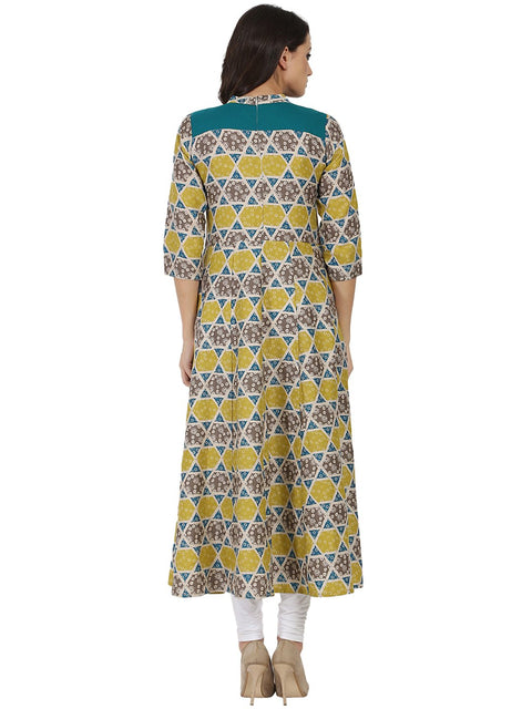 Yellow & grey printed 3/4th sleeve cotton anarkali kurta