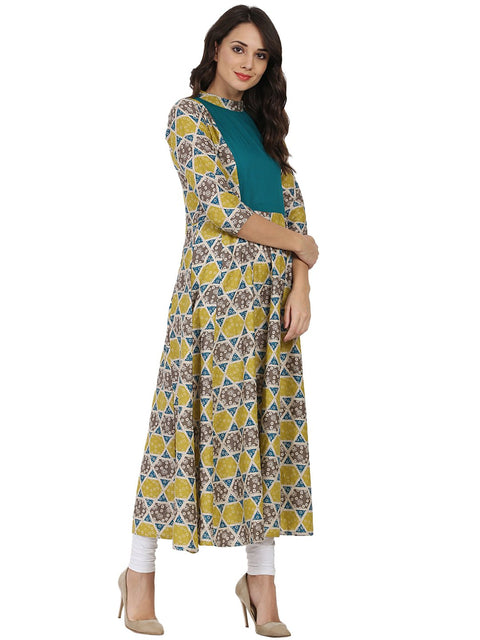 Yellow & grey printed 3/4th sleeve cotton anarkali kurta