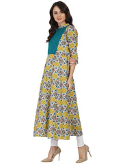 Yellow & grey printed 3/4th sleeve cotton anarkali kurta
