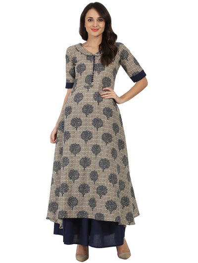 Blue printed half sleeve Cotton A-line kurta with blue flared skirt