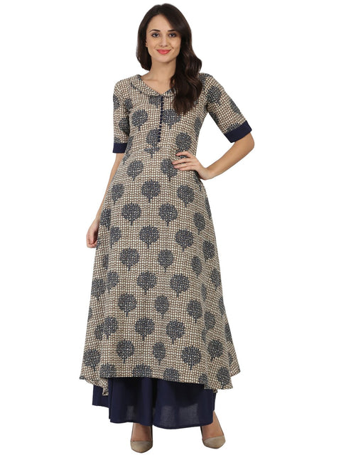 Blue printed half sleeve Cotton A-line kurta with blue flared skirt