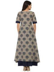 Blue printed half sleeve Cotton A-line kurta with blue flared skirt