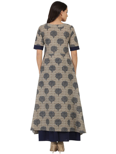 Blue printed half sleeve Cotton A-line kurta with blue flared skirt
