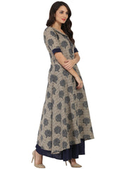 Blue printed half sleeve Cotton A-line kurta with blue flared skirt