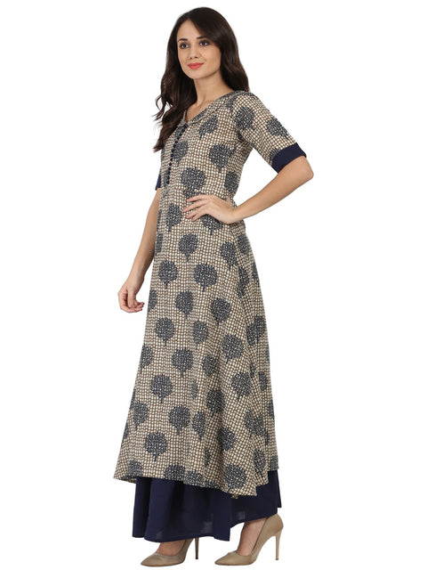 Blue printed half sleeve Cotton A-line kurta with blue flared skirt