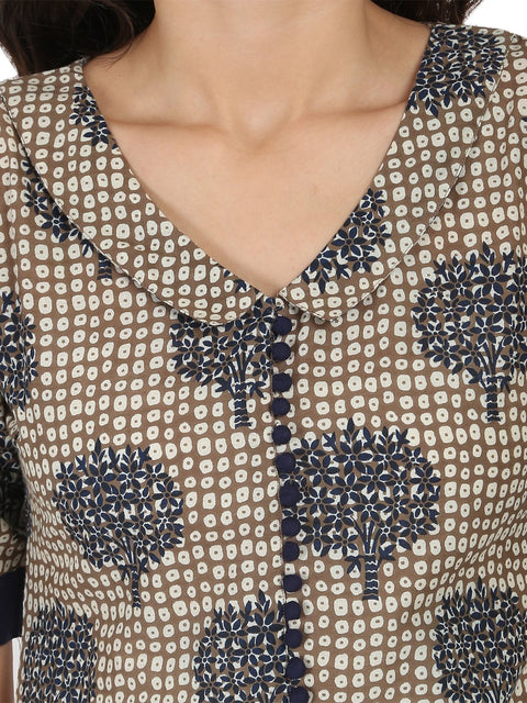 Blue printed half sleeve Cotton A-line kurta with blue flared skirt