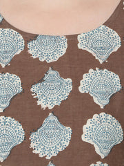 Coffee Brown printed half sleeve cotton Low high kurta with Blue flared skirt