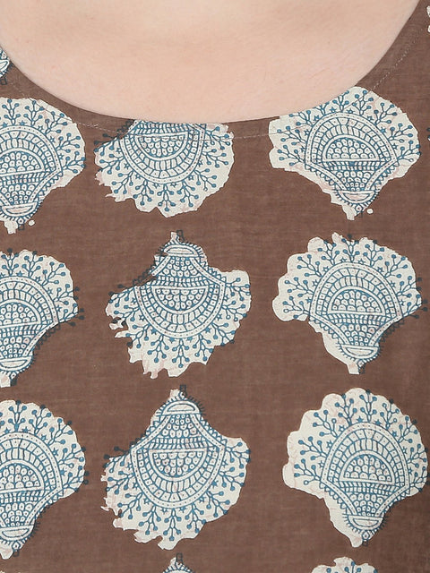 Coffee Brown printed half sleeve cotton Low high kurta with Blue flared skirt