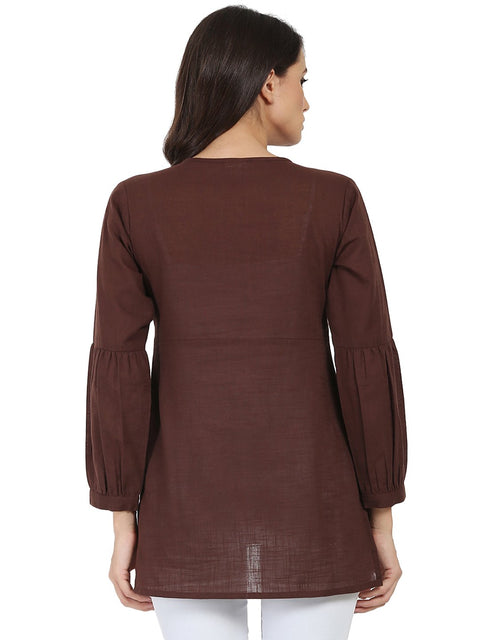 Coffee brown 3/4th sleeve cotton slub tunic