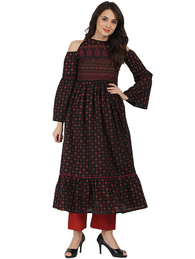 Blue printed full sleeve cold shoulder cotton Anarkali kurta