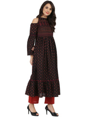 Blue printed full sleeve cold shoulder cotton Anarkali kurta