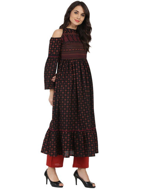 Blue printed full sleeve cold shoulder cotton Anarkali kurta