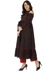 Blue printed full sleeve cold shoulder cotton Anarkali kurta