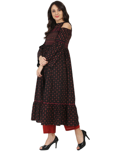 Blue printed full sleeve cold shoulder cotton Anarkali kurta