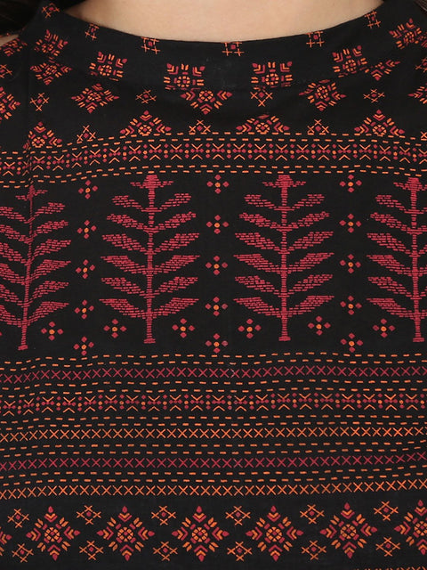 Blue printed full sleeve cold shoulder cotton Anarkali kurta